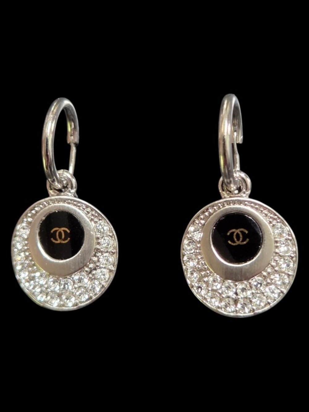 Rhinestone Drop Earrings Black Silver Color CC Logo Medalion Dangle Hoops